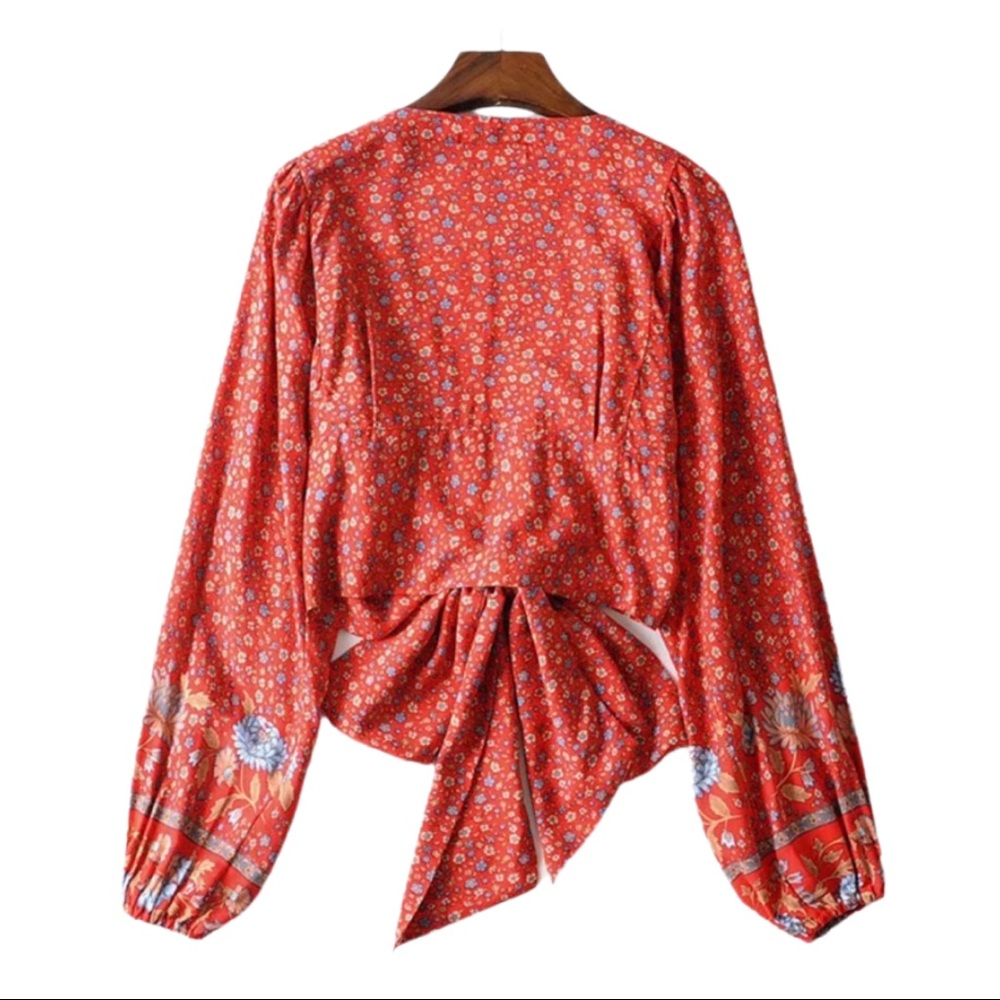 Boho Floral Print Gypsy Crop Top Tied Long Sleeve - Picture 16 of 16